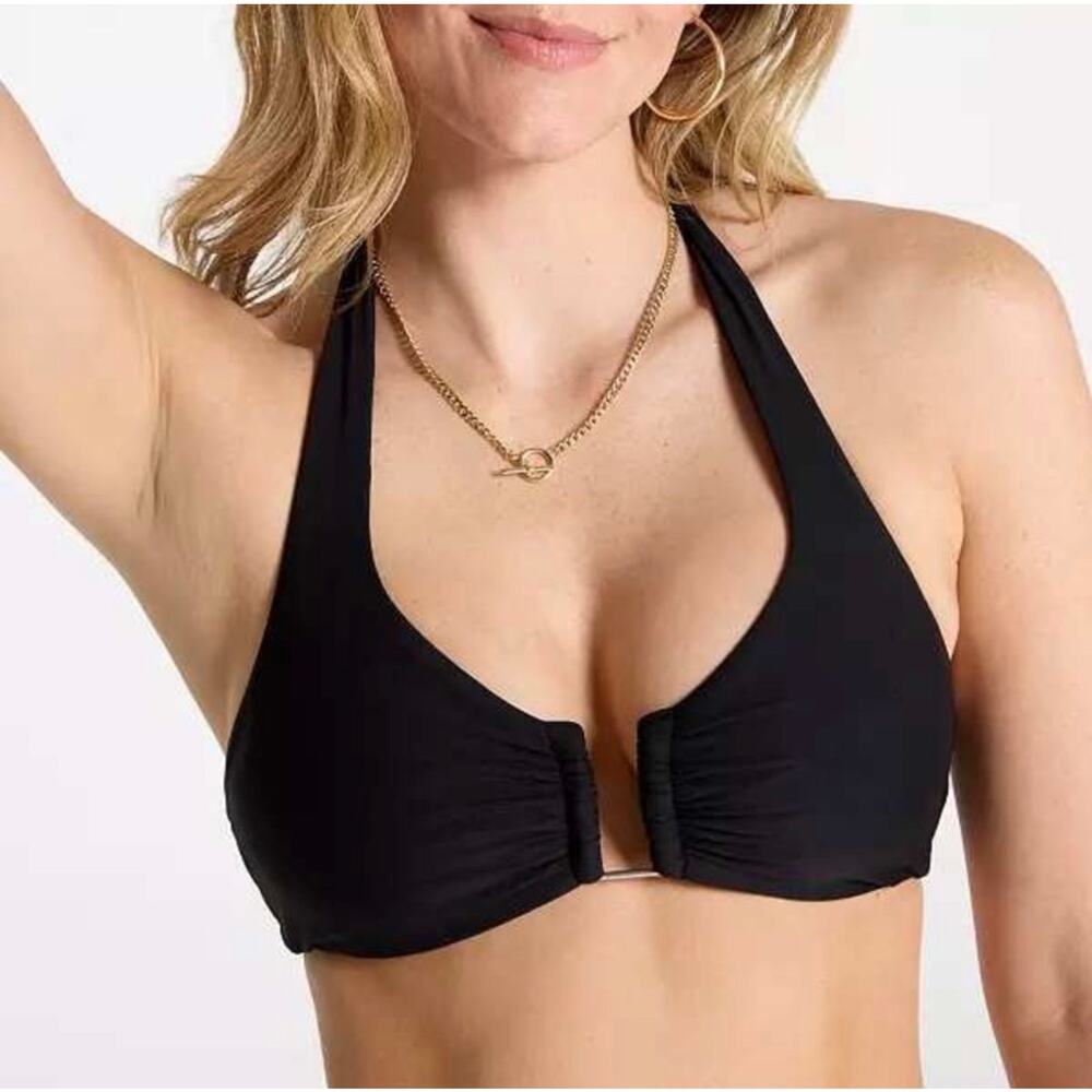 Calia U-Bar Halter Bikini Top Tie Top Built in Bra Back Hooks Black UPF XXL